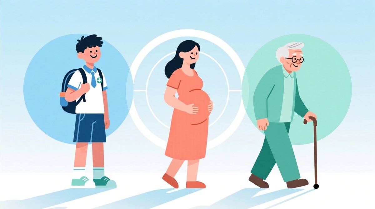 중학생 청소년, 임신부, 노년층 등 2026년 독감 무료접종 대상자들을 표현한 인포그래픽 일러스트