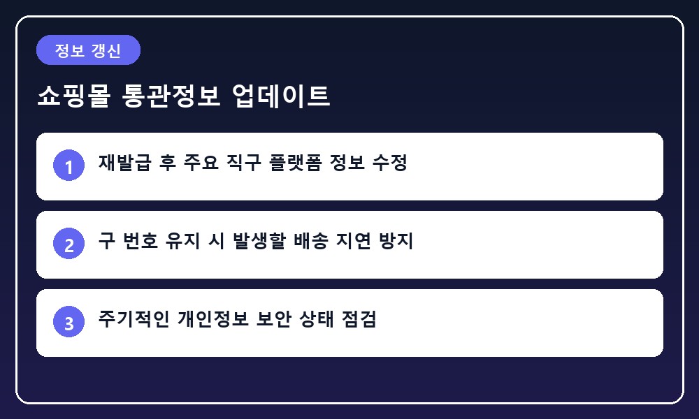 스마트폰 쇼핑 앱 배송지 설정 화면에서 통관 정보를 새롭게 갱신하는 모습
