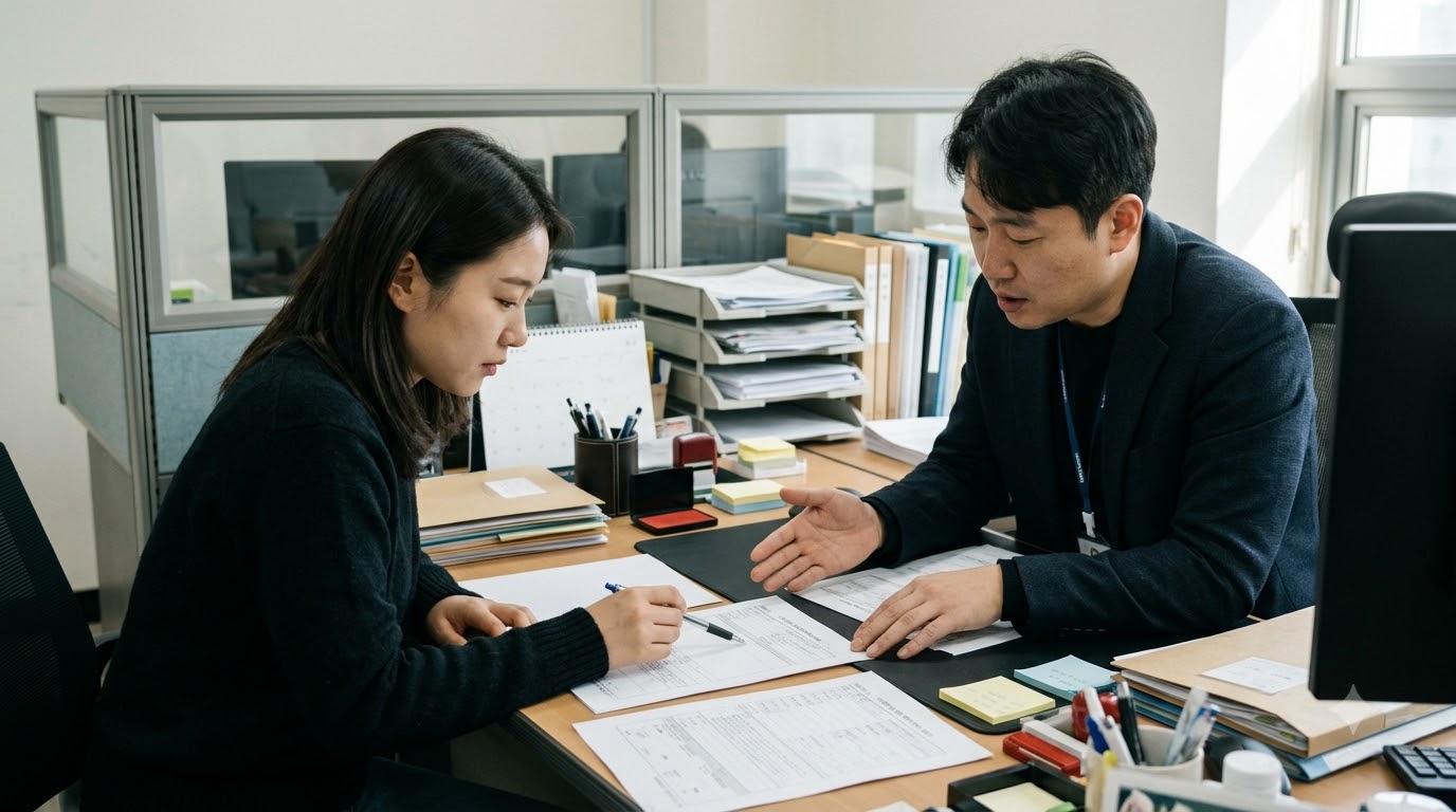 상담 테이블에서 고객과 직원이 서류를 함께 살펴보는 모습