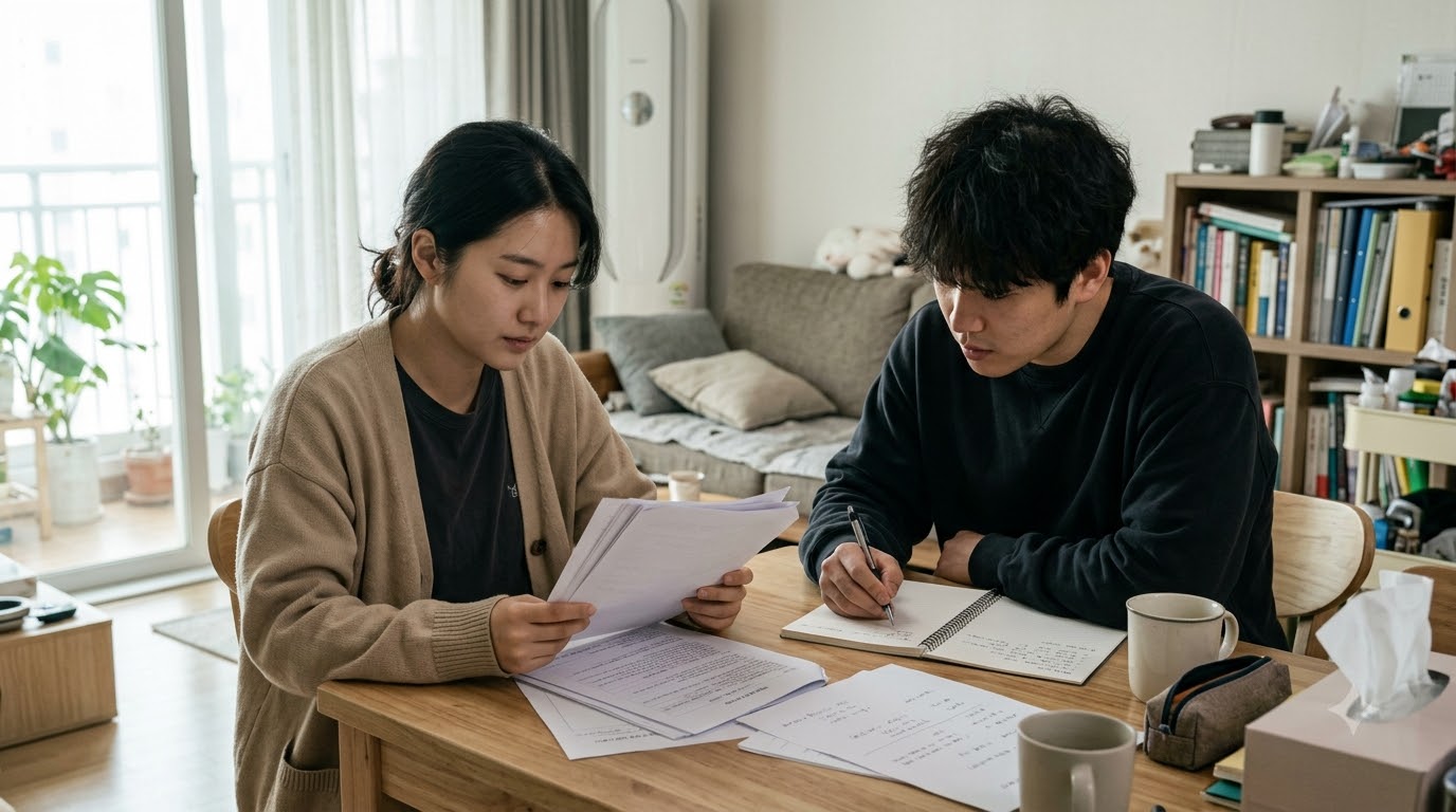 주거 공간에서 주택 관련 서류를 확인하는 두 사람