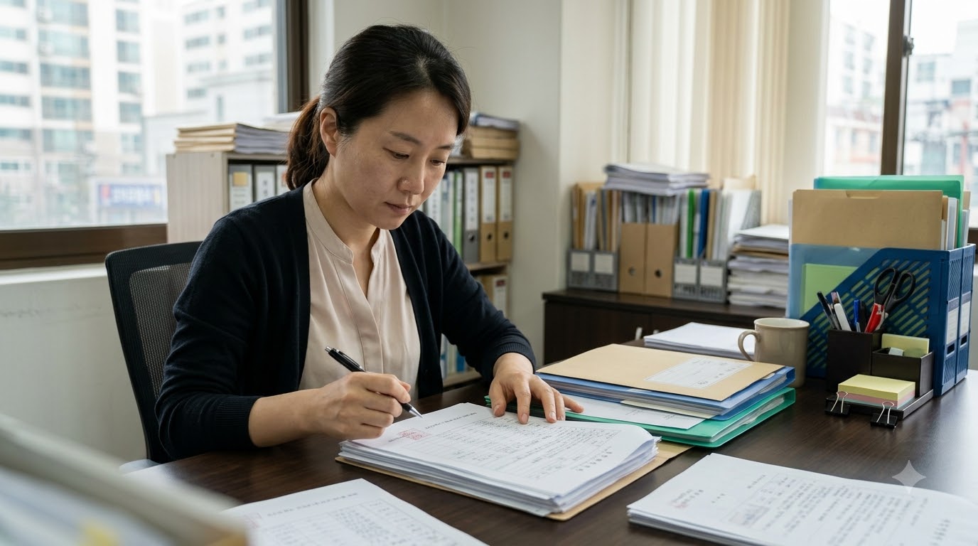 책상에서 서류를 작성하는 사람