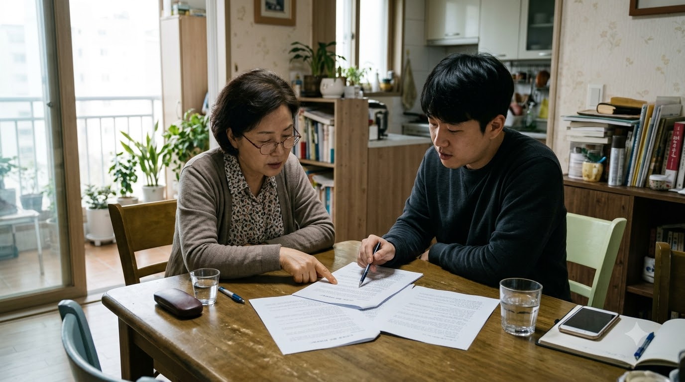 식탁에서 계약 서류를 함께 살펴보는 두 사람