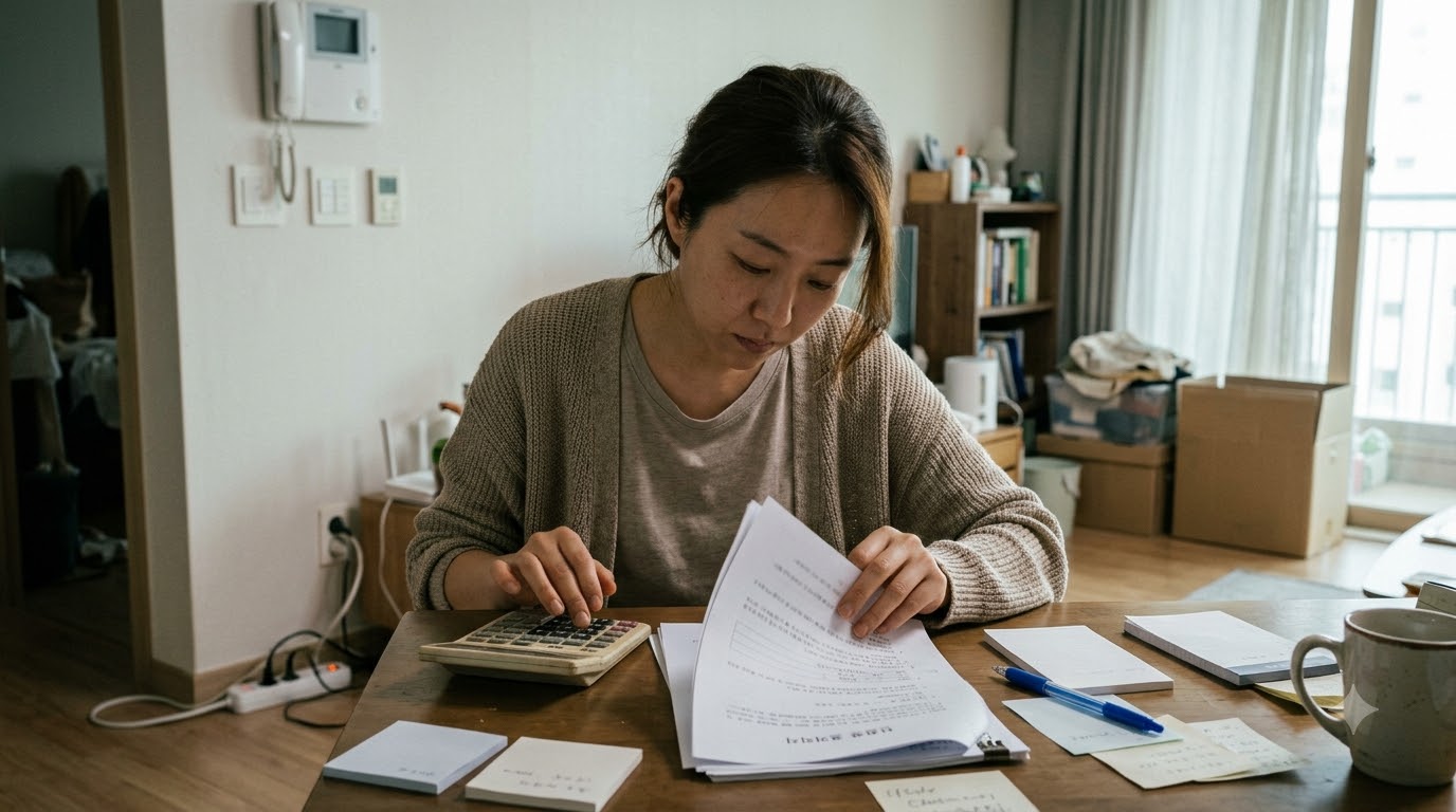 계산기와 서류를 살펴보는 세입자